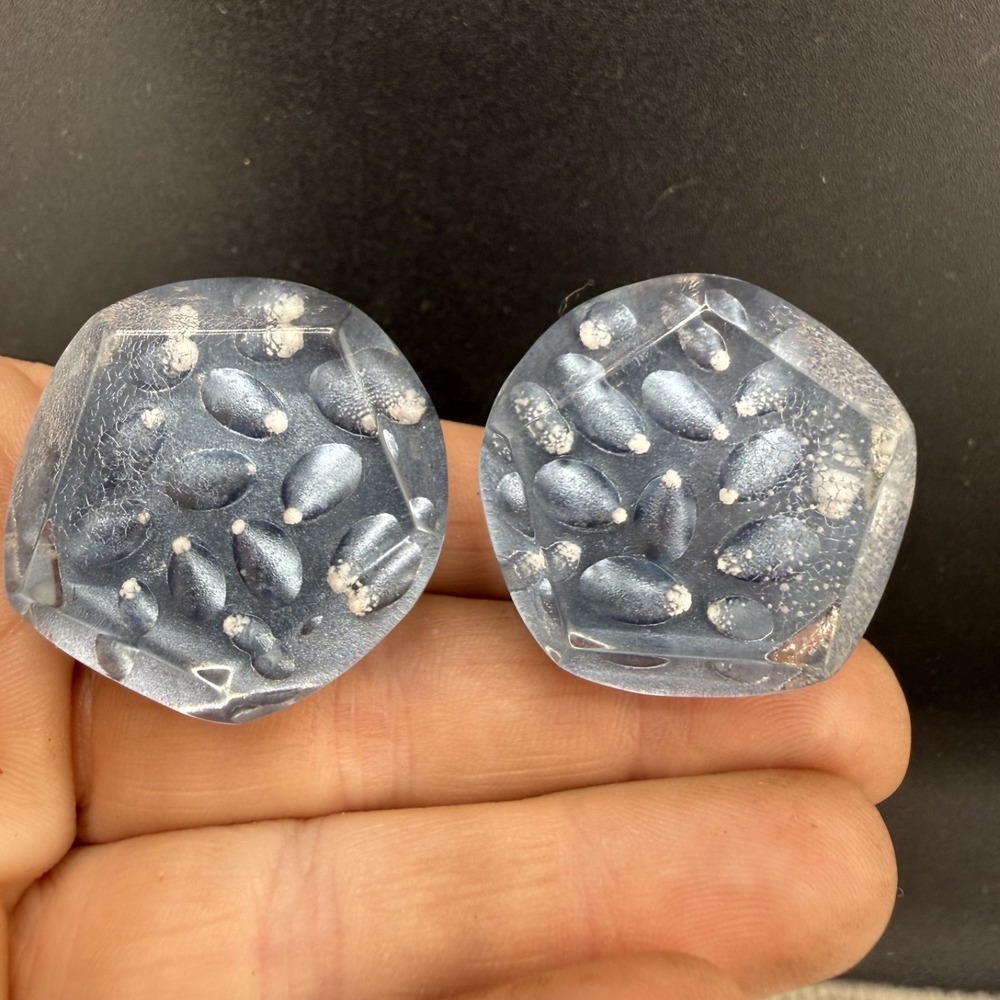 Vintage Estate Clip On Earrings Blue Chunky Lucite Acrylic Geometric Statement